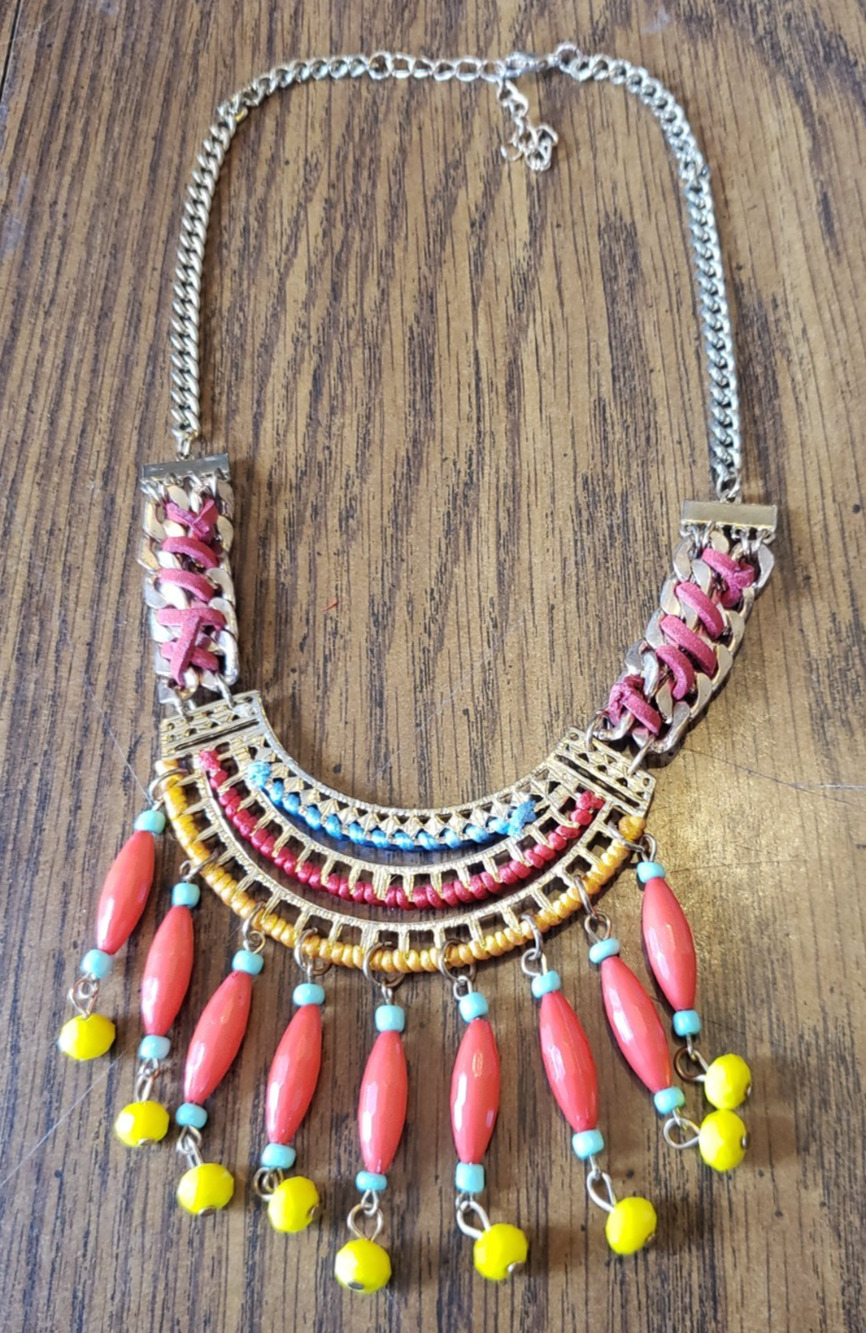 Orange And Yellow Fringed Beaded Silver Chain 10 Inch Necklace